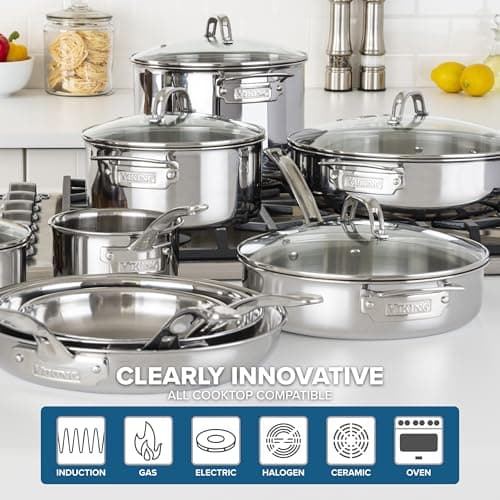 Viking 3-Ply Pots and Pans Set, 17 Piece Stainless Steel Cookware Glass Lids, Steamer Insert, Silver