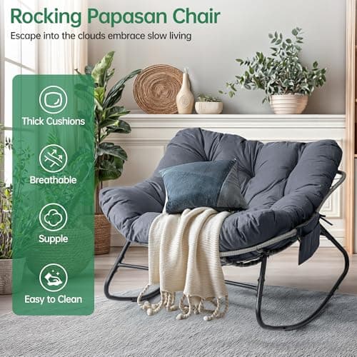 LotFun Papasan Rocking Chair, Outdoor Patio Rocking Chairs with Thick Cushion and Removable Side Pockets, Oversized Rocker Egg Chair for Bedroom, Porch, Garden (Dark Grey, 33" W x 40" D x 28" H)