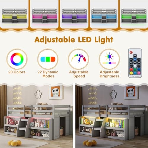 Giantex Low Loft Bed with LED Lights, Wooden Loft Bed Twin Size with Stairs & Safety Guardrail, Loft Bed for Kids with Storage Bookcase and Under-Bed Play Space, Grey