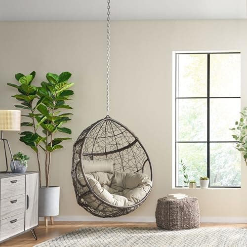 Outdoor Hanging Egg Chair with 8FT Chain, Patio Wicker Swing Egg Basket Chairs, Rattan Basket Hanging Chair Without Stand, Indoor Outdoor Wicker Hammock Egg Chair, Ideal for Patio Garden, Khaki Brown