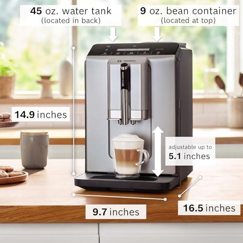 Bosch 300 Series Fully Automatic Espresso Machine – In-Cup Frother, OneTouch Milk Drinks, 5 Drink Options, Ceramic Grinder, Easy Clean & Descale, in Silver