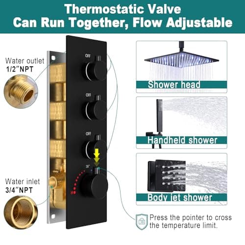HOMEDEC Black Full Shower Jets System, Ceiling Rain 16" LED Shower Faucet Set with 6 Pcs Body Sprays and Brass 3 Ways Thermostatic Valve, Can Use All At Once, 3/4inch Inlet Large Flow