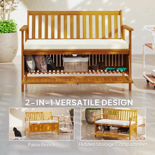 Outsunny Outdoor Bench with Storage Box, 28 Gallon Outdoor Storage Bench, Acacia Wood Garden Seat with Cushion, 2 Seater Patio Furniture for Park, Balcony, Teak