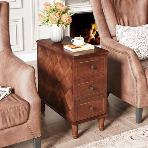 Tribesigns Solid Wood End Table, Fully Assembled Narrow Side Table with Drawers, Pre-Assembled Nightstand Slim Bedside Table for Small Spaces, Living Room, Bedroom, Brown