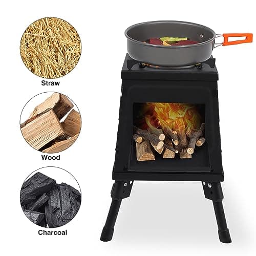 Lineslife Wood Burning Camp Stove, Portable Cast Iron Camping Wood Stove, Black Woodstove with Carrying Case for Backpacking Outdoor Cooking