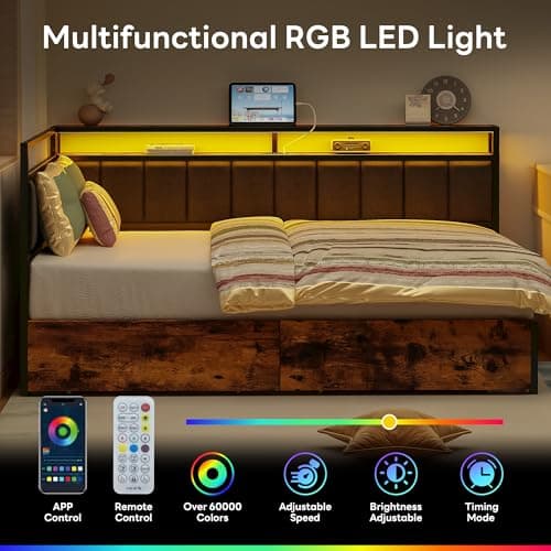 LIKIMIO Corner Bed Frame Twin Daybed with Storage Drawers, Metal Platform Bed Frame with LED Light, Charging Station & Fabric Upholstered Fence, Black
