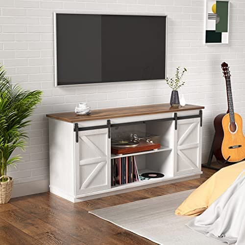 YESHOMY Farmhouse TV Stand and Entertainment Center for Televisions up to 65 Inchs, with Sliding Barn Doors and Storage Cabinets, Console Table and Media Furniture for Living Room, 58 Inch, Milk White