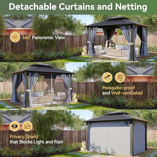 Aoxun Hardtop Gazebo 10x12, Aluminum Frame Canopy with Double Galvanized Steel Roof, Outdoor Gazebo with Breathable Netting and Privacy Curtain for Backyard