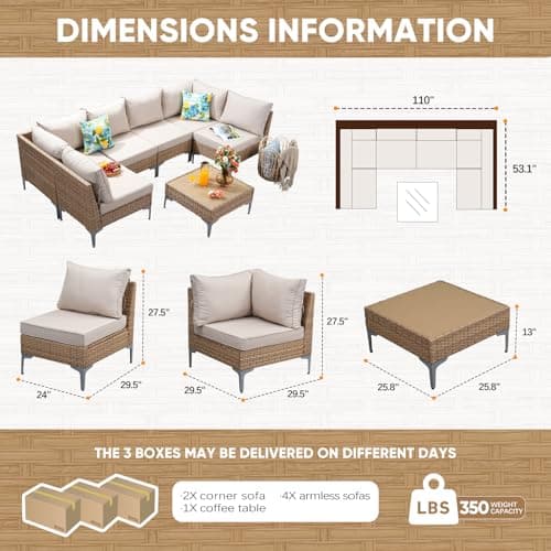 7 Piece Wicker Patio Furniture Set,Outdoor Conversation Sectional Sofa w/Coffee Table,All-Weather Outdoor Sofa with Thick and Anti-Slip Cushions for Deck,Poolside,Garden,Beige