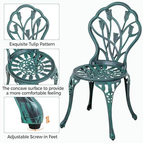 Yaheetech Patio Bistro Sets 3 Piece Cast Aluminum Bistro Table and Chairs Set, Cast Aluminum Bistro Table and Chairs Set of 2 with Umbrella Hole for Patio Backyard Balcony, Green