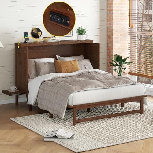 KEIKI Queen Size Cabinet Murphy Bed with Charging Station, Drawer, Removable Shelves, Multiple Storage Foldable Hideaway Wall Murphy Bed Frame, No Box Spring Needed, Easy Assembly, for Bedroom, Walnut
