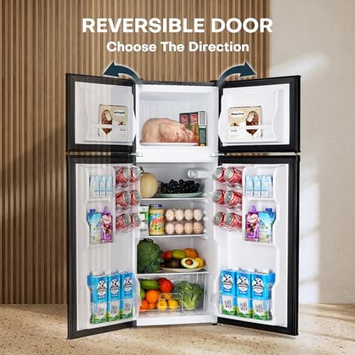 Upstreman 4.0 Cu.Ft. Mini Fridge with Freezer, Dorm Essentials, Double Door, Small Refrigerator for Office, Dorm, Bedroom, Adjustable Thermostat, Large Capacity, Stainless-SR401