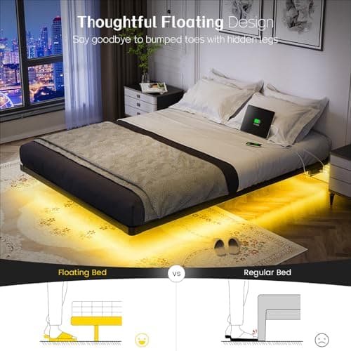 OLEVS Floating Bed Frame Full Size with Smart LED Lights and Charging Station - Modern Metal Platform Bed, Easy Assembly No Box Spring Needed