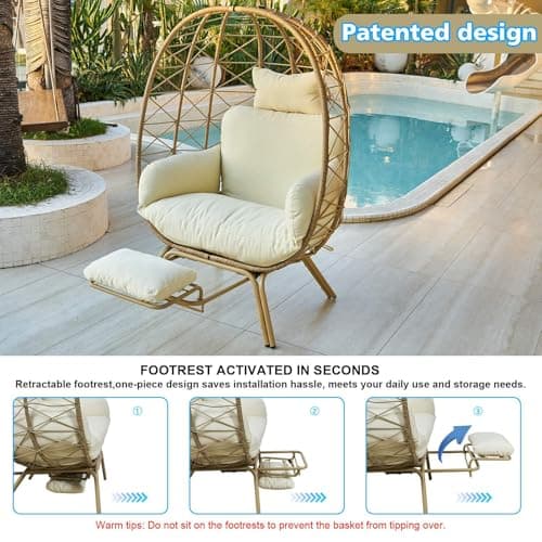 Wicker Egg Chair with Footrest & Cushions - Oversized 450lb Capacity Boho Wicker Egg Chair with Ottoman for Indoor/Outdoor - Beige Rattan Lounge Seat for Patio, Balcony, Garden, Home