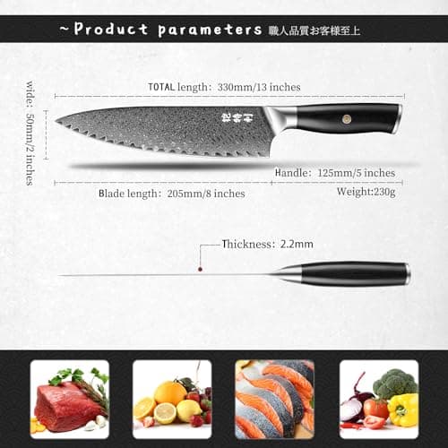 Damascus Chef`s Knife 8",10Cr15CoMoV HC Steel Cutting Core cladded with 72 Layers Damascus Steel, Pakkawood Handle, Premier Kitchen Gadget w/t Gift Box