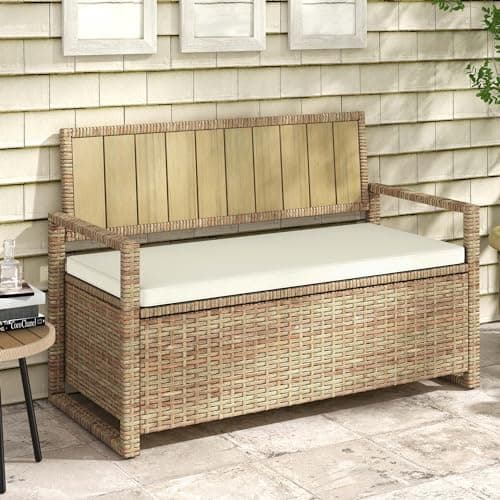 DWVO 70Gal Outdoor Storage Bench with Cushion & Composite Wood Backrest, All-Weather Wicker Deck Bench with Rustproof Bag, Poolside, Patio, Garden (Sand Beige)