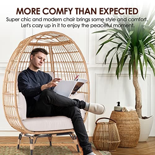 Oversized Wicker Egg Chair Set of 2, Outdoor Indoor Lounger with 4 Cushions, 440lb Capacity, Egg Basket Chair for Living Room, Backyard, Balcony, Patio, Beige