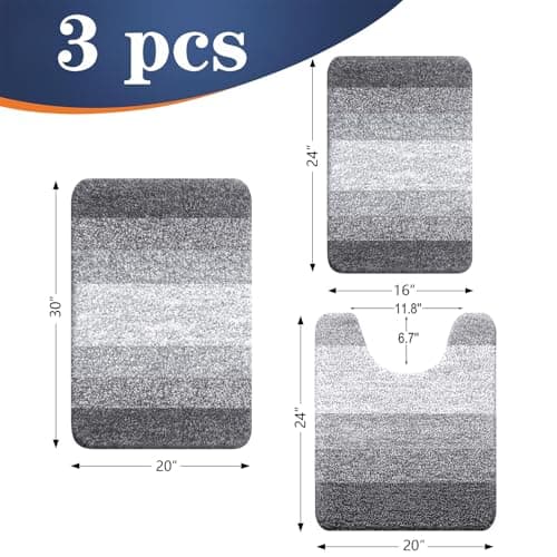 OLANLY Bathroom Rugs Sets 3 Piece, Soft Absorbent Microfiber Bath Mats and U-Shaped Contour Toilet Rug, Plush Shaggy Bath Mat Set for Bathroom (30"x20"+24"x16"+24"x20", Grey)