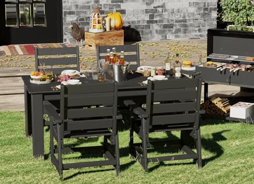 GREENVINES 7-Piece Outdoor-Dining-Set | HDPE Plastic 67'' Table and Chairs Sets for 6 | Patio Furniture | All Weather | Umbrella Hole | Black | for Poolside Garden Backyard