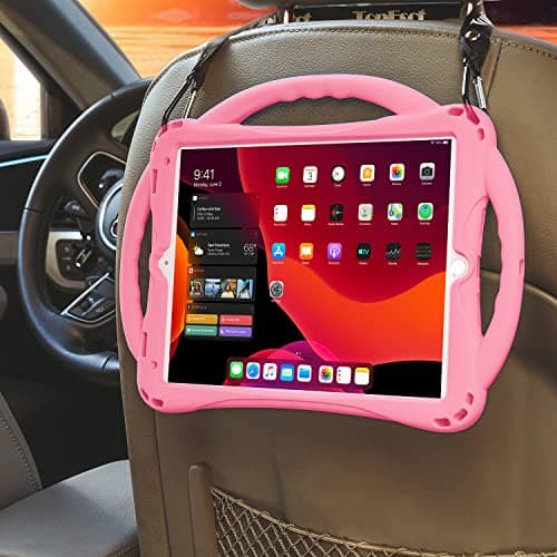 TopEsct Kids Case for iPad 10.2 inch - Shockproof Silicone Cover with Tempered Glass Screen Protector and Strap - Compatible with iPad 9th/8th/7th Gen (2021)" (Pink)