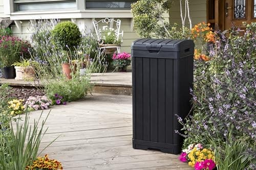 Keter Baltimore Resin 38 Gallon Outdoor Kitchen Trash Can with Lid and Drip Tray for Easy Cleaning-Perfect for Patio Dining, Black