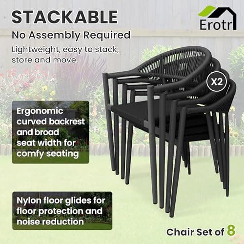 4 Pcs Stackable Patio Dining Chairs, Aluminum Rattan Outdoor Dining Chair with Arms, Woven Rope Garden Armchair Metal No Assembly for Bistro Balcony Porch Deck Yard Cafe Restaurant, Black