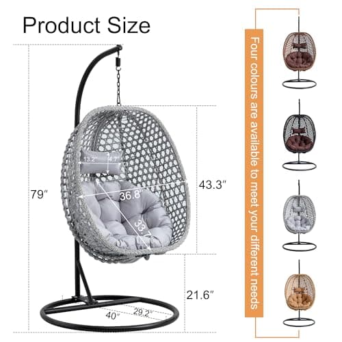 Egg Swing Chair Outdoor with Stand, Hanging Egg Rattan Basket Chair with Cushion and Pillow, Lounge Chairs, Foldable Basket and Metal Stand for Porch, Patio, Bedroom, Balcony,Yard (Grey)