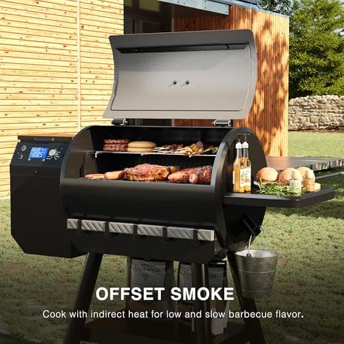 LCD Control Wood Pellet Smoker Grill, 456 SQ. IN Cook Area, Pellet Grill with Auto Feed & Leaking Waste, 500°F Max Temperature, 8 in 1 BBQ Grill with Meat Probe, Side Table with Hooks(Black)