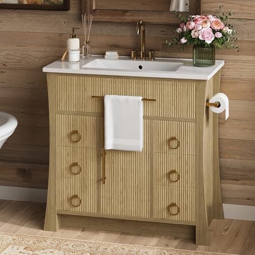 IRONCK 36" Bathroom Vanity with Sink, Freestanding Bathroom Sink Cabinet with 4 Drawers & 1 Flip-Down Drawer, Wood Grain Texture, Metal Handle, Farmhouse