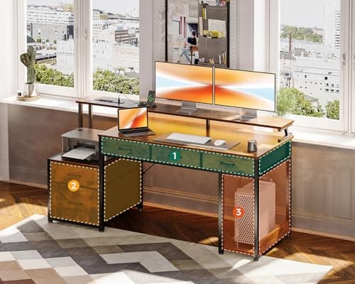 AODK 55 Inch Computer Desk with 3 Drawers and File Cabinet for Storage, Office Desk with Monitor Stand and LED Lights, Home Office Desks, Vintage
