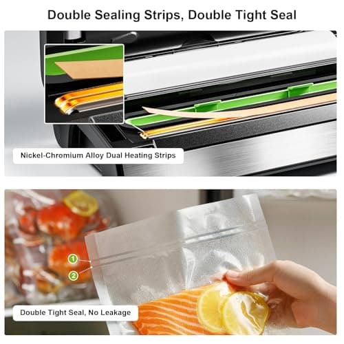 Vacuum Sealer Machine, 95kPa Food Sealer with Double Heat Seal for Dry/Moist Food, Easy-lock Handle, Built-in Bag Storage & Cutter, Progress Display, Removable Drip Tray, Silver
