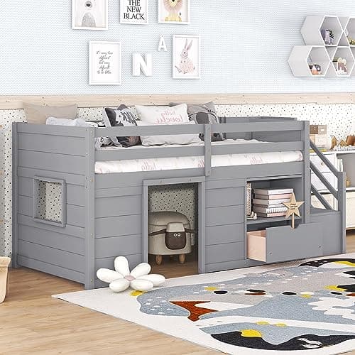 Bellemave Twin Size Low loft Bed for Kids,Wood Loft Beds,Modern Farmhouse Twin loft Bed,Loft Bed with Storage, No Box Spring Needed,for Kids,Gray