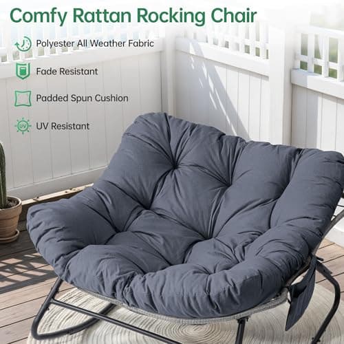 LotFun Papasan Rocking Chair, Outdoor Patio Rocking Chairs with Thick Cushion and Removable Side Pockets, Oversized Rocker Egg Chair for Bedroom, Porch, Garden (Dark Grey, 33" W x 40" D x 28" H)
