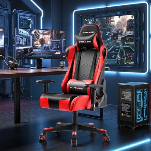 GTRACING Gaming Chair with Reclining Backrest, Adjustable Height and Swivel Base, Ergonomic Computer Chair with Headrest and Lumbar Support (Red)