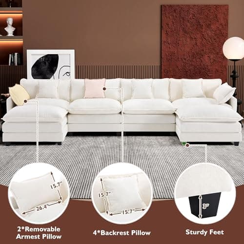 Ihanherry 146" U-Shaped Modern Sofa Modular Sectional Cloud Couch with 2 Ottoman, 6-Seat Chenille Deep Seat Sofa with 6 Pillows for Living Room, Bedroom and Apartment, Beige
