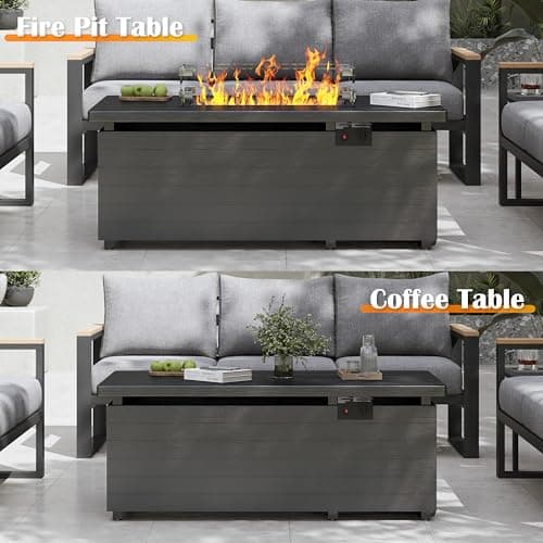 Sundale Outdoor 51 Inch Outdoor Fire Pit Table, 50,000 BTU Rectangle Propane Fire Pit with Glass Wind Guard, Rain Cover, Removable Lid, CSA Certified, Gray
