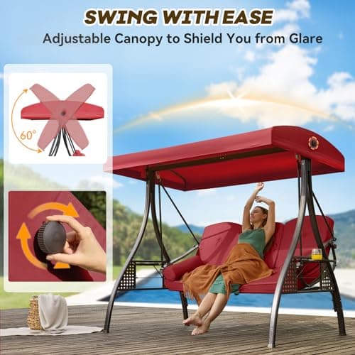 3 in 1 Outdoor Porch Swing with Adjustable Canopy, 3 Seat Outdoor Swing for Adults, Patio Swing Chair with Thickened Cushions,Pillows & Cup Holders for Backyard, Porch, Garden (Wine Red)