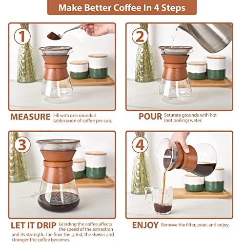 Pour Over Coffee Maker Set with Double-Layer Stainless Steel Filter, Coffee Dripper, Cork Lid and Leather Collar Holder - High Heat Resistance Borosilicate Glass Carafe, Great Gift Idea (37 oz)