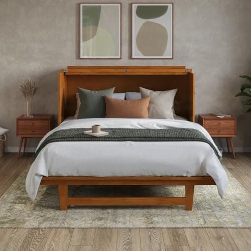 AFI, Northfield Queen Murphy Bed Chest with 6" Mattress, Storage Drawer & Built-in USB Charger, Light Toffee