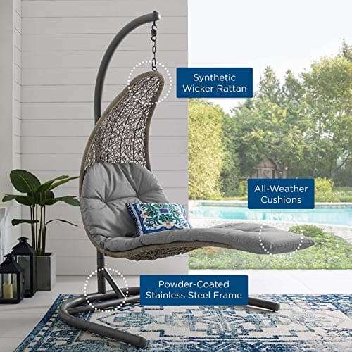 Modway Landscape Wicker Rattan Outdoor Patio Porch Chaise Lounge Hanging Swing Chair Set with Stand in Light Gray Gray