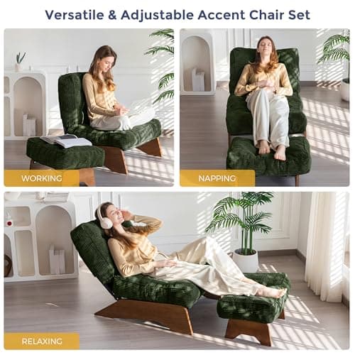 MAXYOYO Accent Chair with Ottoman Adjustable Backrest, Tufted Living Room Chair Upholstered Lounge Chair with Footrest Set, Modern Chair Cozy Reclining Chair for Reading Room, Green