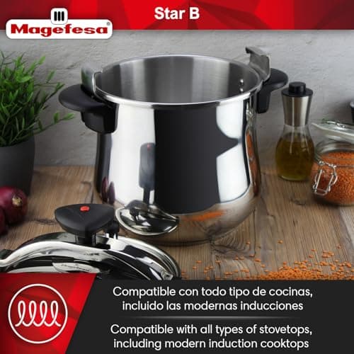 MAGEFESA Star Belly Pressure Cooker 10.6 Qt – 18/10 Stainless Steel, Rounded Bottom, 3 Safety Systems, Works on All Stovetops Including Induction, 8 PSI