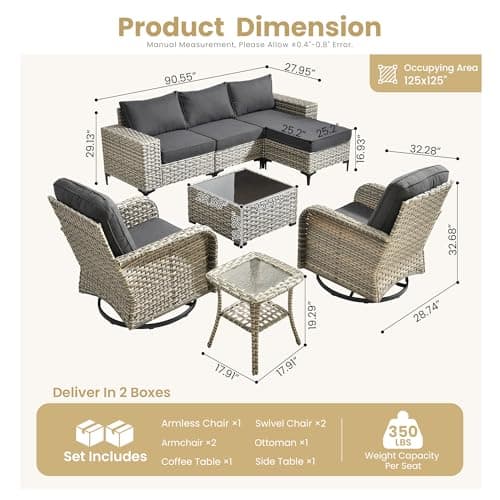 HOOOWOOO Outdoor Sectional Furniture Set,8 Pieces Wicker Patio Conversation Sets,L Shape All Weather Outside Couch Sofa Set with Swivel Chairs Ottoman,Black