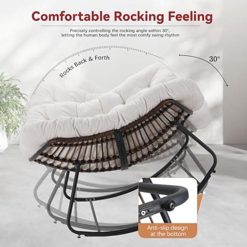 Papasan Rocking Chair, Rattan Rocking Chair, Oversized Outdoor Chair with Deep Seat Thick Cushion, Patio Rocking Chair for Bedroom/Porch/Garden (White & Black)