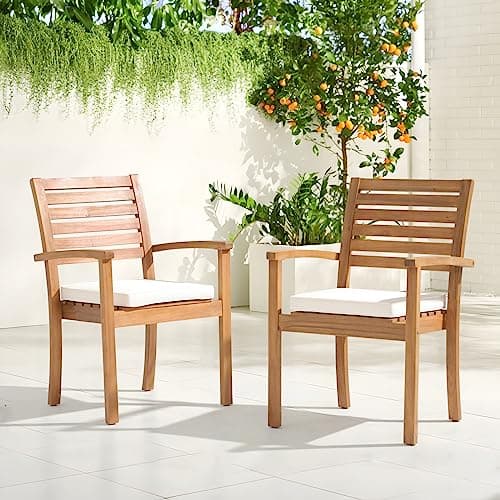 OC Orange-Casual Stackable Patio Dining Chairs Set of 4, Outdoor Acacia Wooden Chairs w/Armrest & Removeable Fabric Cushion, for Porch, Backyard, Garden, Indoor, Beige