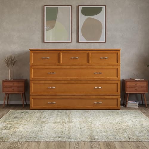 AFI, Northfield Queen Murphy Bed Chest with 6" Mattress, Storage Drawer & Built-in USB Charger, Light Toffee