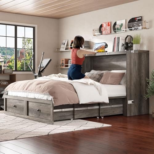 AMERLIFE Queen Murphy Bed with Storage & Charging Station, Farmhouse Murphy Cabinet with Foldable Panel, Noisy Free, for Living Room, Guest Bedroom, Office, Rustic Gray