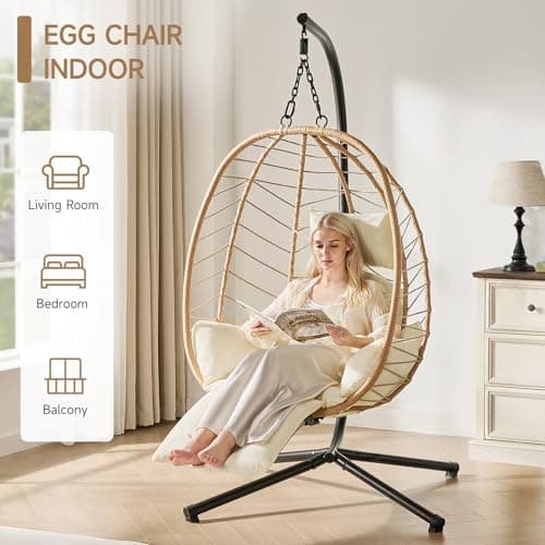 Hanging Egg Chair with Adjustable Footrest & Stand, Wicker Rattan Swing Hammock Chair with Cushion & Double Chains, 350LBS Capacity for Outdoor & Indoor Patio, Deck, Bedroom, Balcony (YE-BE)