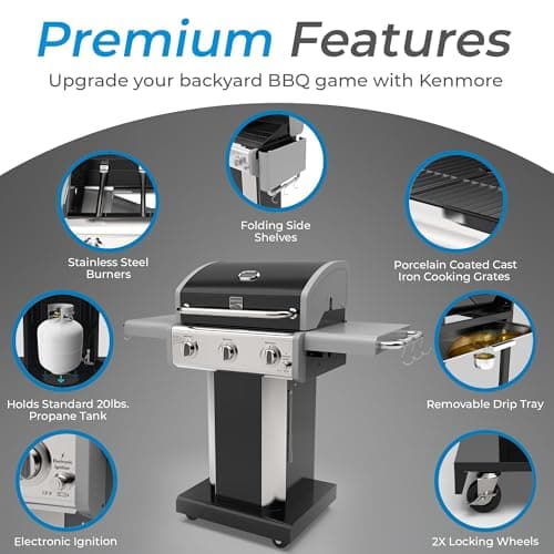 Kenmore 3-Burner Propane BBQ Grill, 30,000 BTUs Gas Grill with Cast Iron Cooking Grates, Folding Side Tables & Wheels, Outdoor Grill with Tool Hooks, Black