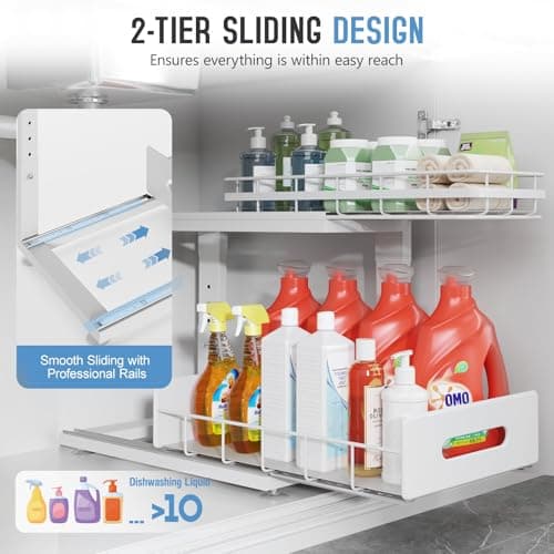 2 Pack Under Sink Organizer with Smooth Ball Bearing Slides, 2-Tier Pull Out Cabinet Storage, Slide Out Drawers for Bathroom and Kitchen, Under Sink Shelf, Rust-resistant Coating, Height Adjustable